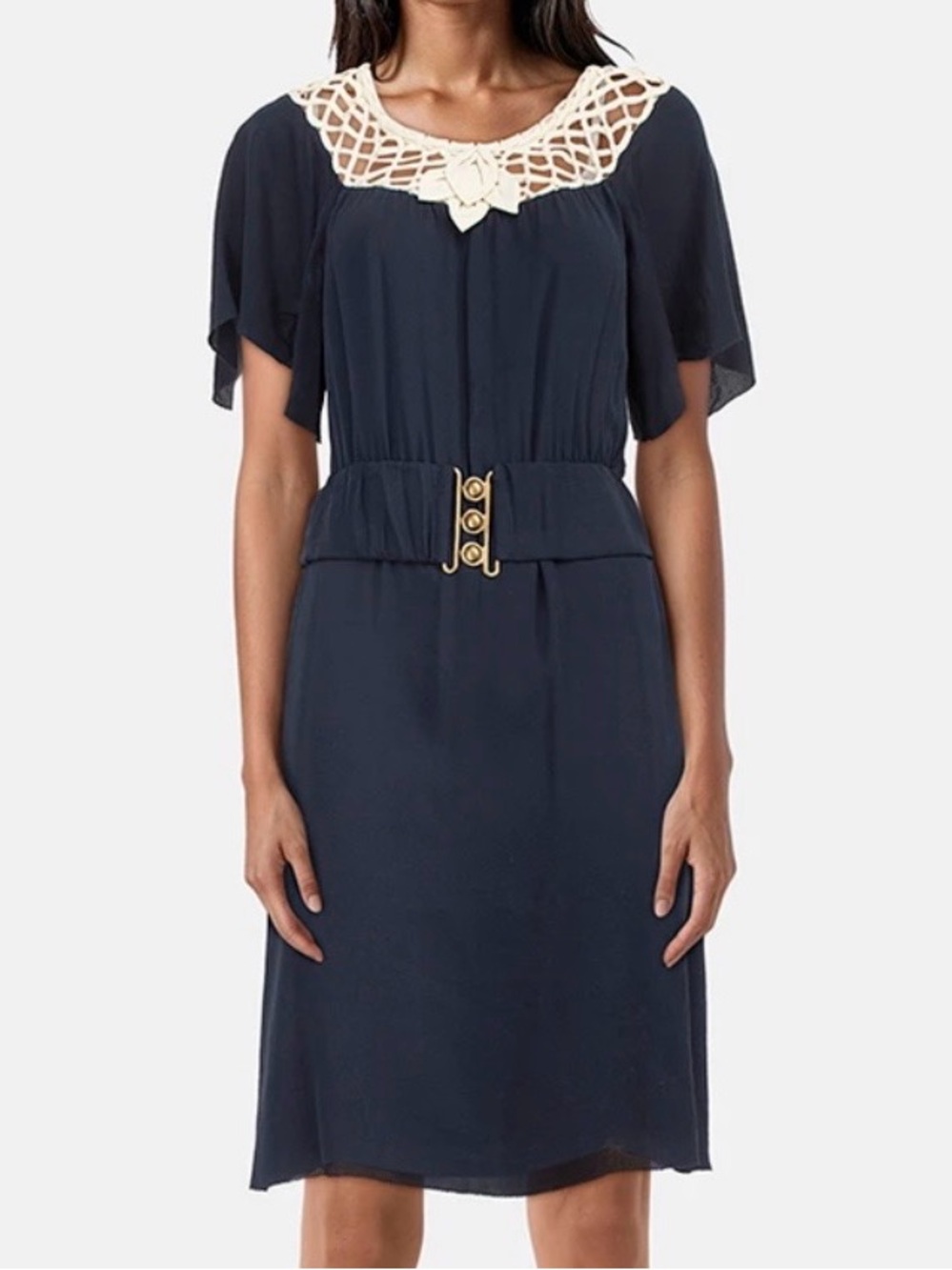 3.1 Phillip Lim Silk Flutter Sleeve Crochet Bib Dress Vintage RTW Fall 2007 Sz 4